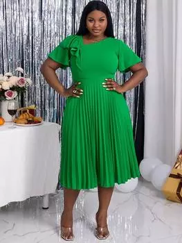 Женское зеленое плиссированное платье-миди с короткими рукавами и оборками, элегантное эластичное трапециевидное платье, весенне-летнее модное платье для вечеринки, дня рождения, халат M зелёный