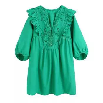 Женское зеленое поплиновое мини-платье с вышивкой и оборками, винтажное мини-платье с v-образным вырезом и пышными рукавами и пуговицами, женские свободные платья XS зелёный