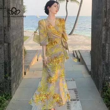 Женское желтое длинное платье с цветочным принтом во французском стиле, элегантное вечернее платье XS жёлтый
