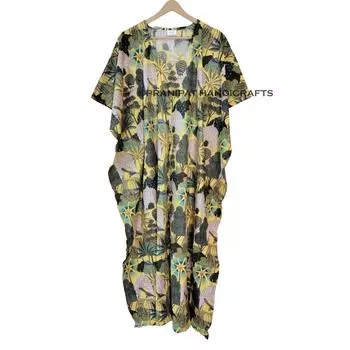 Женское желтое хлопковое платье с принтом павлина плюс размер макси пляжное платье-кафтан CKFTN-SCRN-FULL-BUYIT-069