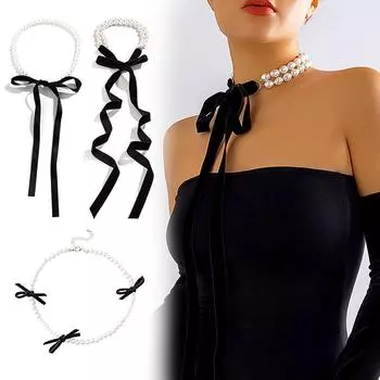 Женское жемчужное ожерелье с бантом, колье, элегантная лента, черная, милая, Y2K, регулируемые ювелирные изделия