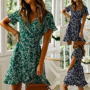 Женское женское мини-платье с цветочным принтом и короткими рукавами и v-образным вырезом L зелёный