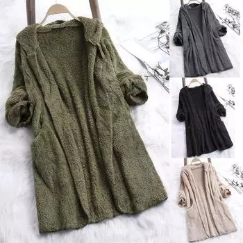 Женское женское пальто из искусственной шерсти, куртка на молнии, зимняя верхняя одежда L хаки