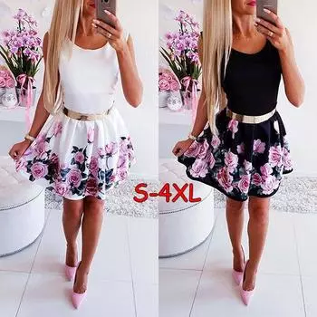 Женское женское платье без рукавов с цветочным принтом Летний вечерний мини-сарафан S чёрный