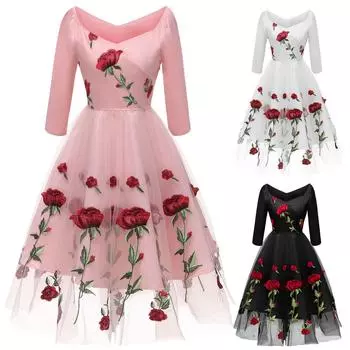 Женское женское платье ручной работы с вышивкой розой и рукавами три четверти, платье подружки невесты S чёрный