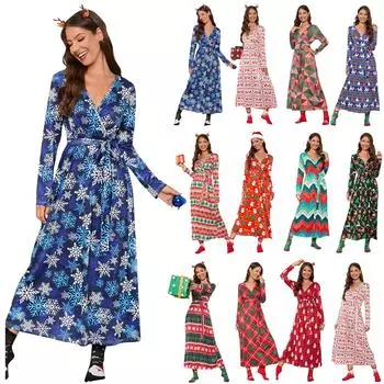 Женское женское платье с V-образным вырезом и рождественским принтом до талии, элегантное вечернее платье XL зелёный