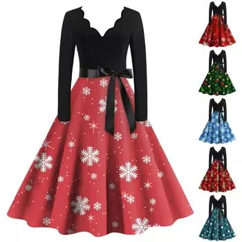 Женское женское повседневное модное рождественское платье в стиле ретро с v-образным вырезом и принтом L синий