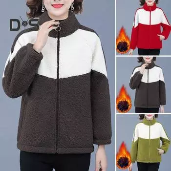 Женское зимне-осеннее пальто с цветными блоками, толстый плюш, мягкий теплый воротник-стойка, защита шеи, длинный рукав, молния, кардиган, куртка для мамы M красный