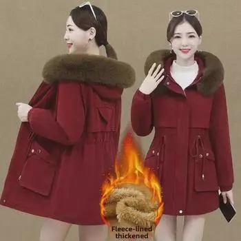 Женское зимнее бархатное пальто 2024 года: Приталенный крой, корейский стиль, меховой воротник, теплый, большой размер, средней длины. 2XL (suggested 135-150 jin) чёрный