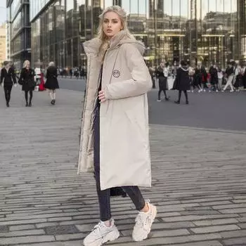 Женское зимнее длинное хлопковое пальто выше колена с капюшоном, теплое пуховое пальто с подкладкой S чёрный