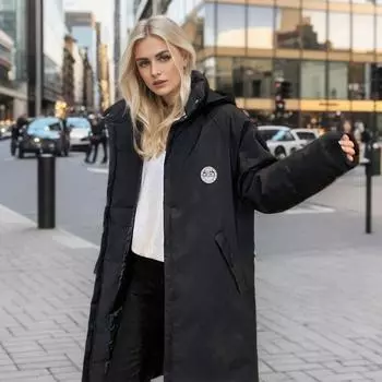 Женское зимнее длинное хлопковое пальто выше колена с капюшоном, теплое пуховое пальто с подкладкой S чёрный