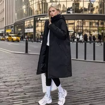 Женское зимнее длинное хлопковое пальто выше колена с капюшоном, теплое пуховое пальто с подкладкой S чёрный