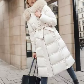 Женское зимнее длинное пальто, приталенная куртка с поясом, модное женское зимнее пальто, зимняя куртка, одежда для зимы, пальто с капюшоном M белый