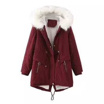 Женское зимнее длинное утолщенное и бархатное теплое повседневное пальто со шляпой S винный