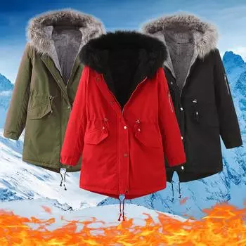 Женское зимнее длинное утолщенное и бархатное теплое повседневное пальто со шляпой S чёрный