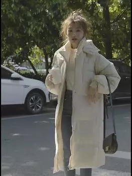 Женское зимнее глянцевое длинное теплое пальто с капюшоном и большим карманом, женская куртка-пуховик, ватное пальто с хлопковой подкладкой M коричневый