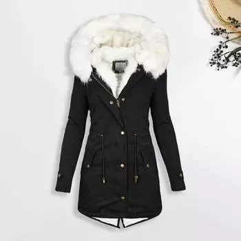 Женское зимнее хлопковое пальто больших размеров с капюшоном из искусственного меха, флисовой подкладкой, застежкой на молнию и кнопками, ветрозащитная куртка средней длины, облегающая верхняя одежда XL темно-синий
