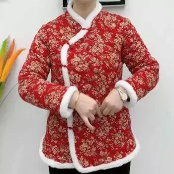 Женское зимнее хлопковое пальто с цветочным принтом без рукавов в китайском этническом стиле, подходящее по цвету стеганое толстое плюшевое теплое однобортное женское пальто больших размеров XL красный