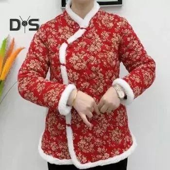 Женское зимнее хлопковое пальто с цветочным принтом, без рукавов, в китайском этническом стиле, с подкладкой из толстого плюша, теплое однобортное женское пальто больших размеров XL красный
