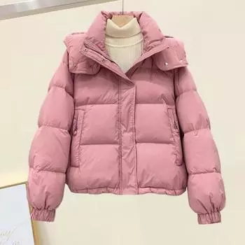 Женское зимнее хлопковое пальто с капюшоном, утолщенное, укороченное, с карманами на молнии, эластичными манжетами, однотонное ветрозащитное женское пуховое пальто M чёрный