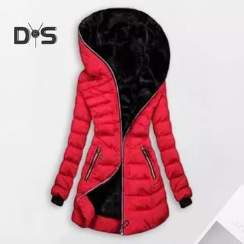 Женское зимнее хлопковое пальто с капюшоном, застегивающееся на молнию, плюшевая подкладка, утепленная куртка Winddoof, средняя длина, длинный рукав, эластичные манжеты, уличное пальто L чёрный