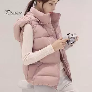 Женское зимнее хлопковое пальто с капюшоном, защитой шеи, утолщенным подкладом, съемным капюшоном, коротким ветрозащитным жилетом на молнии с карманом M чёрный