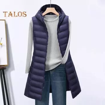 Женское зимнее хлопковое пальто с капюшоном, тонкое, утепленное, ветрозащитное, без рукавов, однотонный жилет средней длины, застежка-молния, кардиган, верхняя одежда M серый