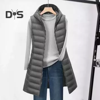 Женское зимнее хлопковое пальто с капюшоном, тонкое, утепленное, ветрозащитное, без рукавов, однотонный жилет средней длины, застежка-молния, кардиган, верхняя одежда M чёрный