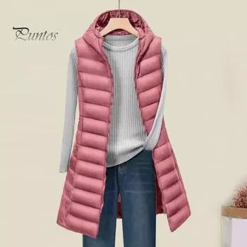 Женское зимнее хлопковое пальто с капюшоном, тонкое, утепленное, ветрозащитное, без рукавов, однотонный жилет средней длины, застежка-молния, кардиган, верхняя одежда M серый
