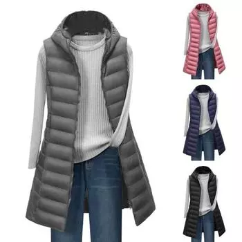 Женское зимнее хлопковое пальто с капюшоном, тонкое, утепленное, ветрозащитное, без рукавов, однотонное, средней длины M серый