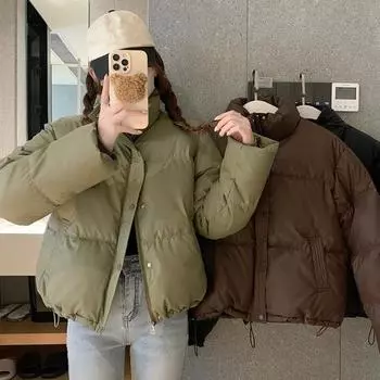 Женское зимнее хлопковое пальто с карманами, воротником-стойкой, длинным рукавом, однотонное, легкое M зелёный