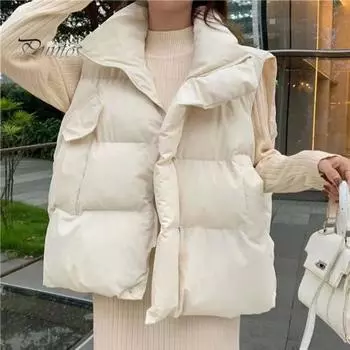 Женское зимнее хлопковое пальто с отложным воротником, утолщенное, с подкладкой, свободное, ветрозащитное, на молнии, жилет для повседневной носки, для улицы, офиса M чёрный