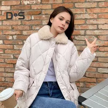 Женское зимнее хлопковое пальто с плюшевым отложным воротником, ветрозащитная куртка с длинными рукавами, утолщенное однобортное пальто с подкладкой M чёрный