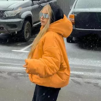 Женское зимнее хлопковое пальто с толстой подкладкой, ветрозащитное, сохраняющее тепло, с большим карманом, с капюшоном, однотонная толстовка с длинными рукавами, куртка-пуловер S оранжевый