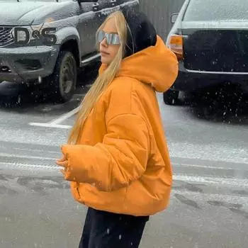 Женское зимнее хлопковое пальто с толстой подкладкой, ветрозащитное, сохраняющее тепло, с большим карманом, с капюшоном, однотонная толстовка с длинными рукавами, куртка-пуловер S оранжевый