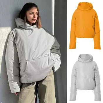 Женское зимнее хлопковое пальто с толстой подкладкой, ветрозащитное, сохраняющее тепло, с большим карманом, с капюшоном, однотонная толстовка с длинными рукавами, куртка-пуловер S серый