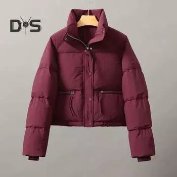 Женское зимнее хлопковое пальто с утолщенной подкладкой, сплошной цвет, воротник-стойка, защита шеи, короткое ветрозащитное пальто с длинным рукавом, удерживающее тепло, женское пуховое пальто, куртка M хаки