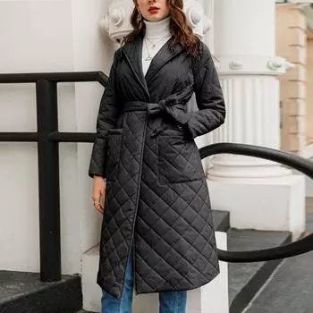 Женское зимнее хлопковое пальто средней длины, кардиган с лацканами и поясом XL