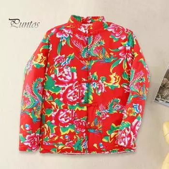 Женское зимнее хлопковое пальто в китайском северо-восточном стиле с цветочным принтом в этническом стиле с воротником-стойкой, плотное теплое однобортное женское пальто с длинными рукавами L красный