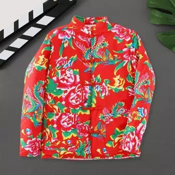 Женское зимнее хлопковое пальто в китайском северо-восточном стиле с цветочным принтом в этническом стиле с воротником-стойкой, плотное теплое однобортное женское пальто с длинными рукавами L красный