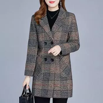 Женское зимнее и осеннее элегантное клетчатое тонкое длинное твидовое пальто с воротником-стойкой 5XL