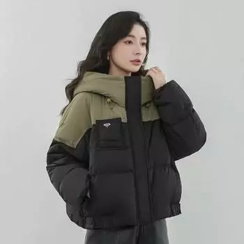 Женское зимнее короткое пальто с капюшоном и свободная хлопковая куртка на пуху в стиле пэчворк M