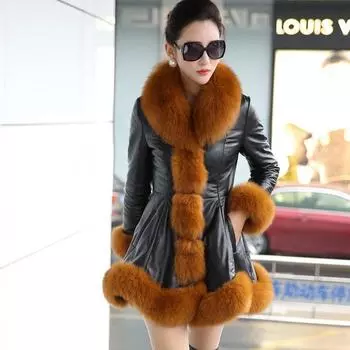 Женское зимнее кожаное пальто из искусственного меха лисы, теплое пушистое худи, толстое пальто, куртка больших размеров, приталенная S коричневый