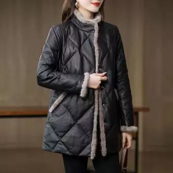 Женское зимнее кожаное пальто средней длины с шитьем, стоячая куртка с воротником из искусственного меха норки, хлопковая подкладка, теплое пальто в стиле темперамент L