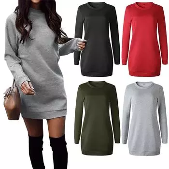 Женское зимнее мини-платье, элегантное однотонное свободное теплое утепленное платье с длинным рукавом и круглым вырезом, Vestido L армия зеленый