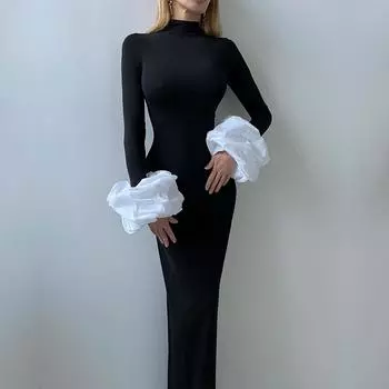 Женское зимнее модное платье темперамент с полувысоким воротом, утягивающим разрезом и длинными рукавами S чёрный