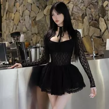 Женское зимнее модное сексуальное французское платье Pure Desire Sweet Court Slim с длинными рукавами S чёрный