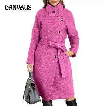 Женское зимнее облегающее шерстяное пальто с поясом размера плюс S серый