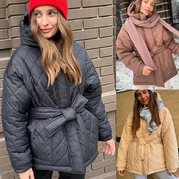 Женское зимнее однотонное пальто с поясом, стеганая куртка с капюшоном, свободная верхняя одежда XS абрикосовый