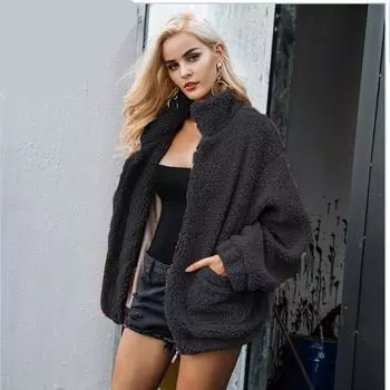 Женское зимнее однотонное плюшевое пальто с длинным рукавом, теплое свободное пальто на молнии с лацканами S красный